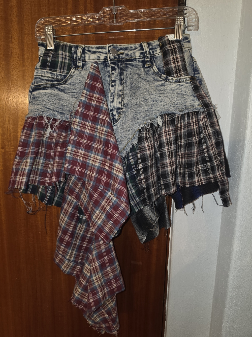 SHEIN Patchwork Plaid Asymmetrical Denim Mini Shorts - Red, Green, Navy, Black